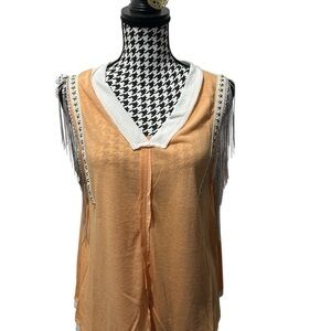 POL Boho Fringe Peach Sleeveless Top Size S